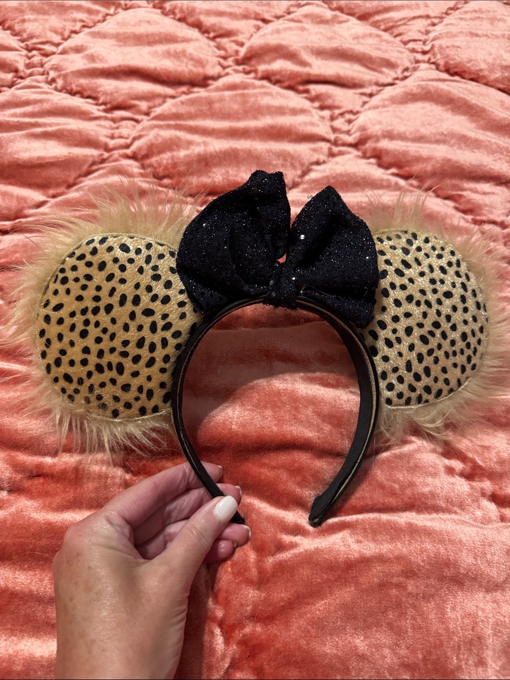 Custom Cheetah print Minnie Ears Headband with black sequin bow
